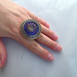 AKR Signed Amy Kahn Russell Iridescent Art Glass Flower Bronze Ring Size 9 New